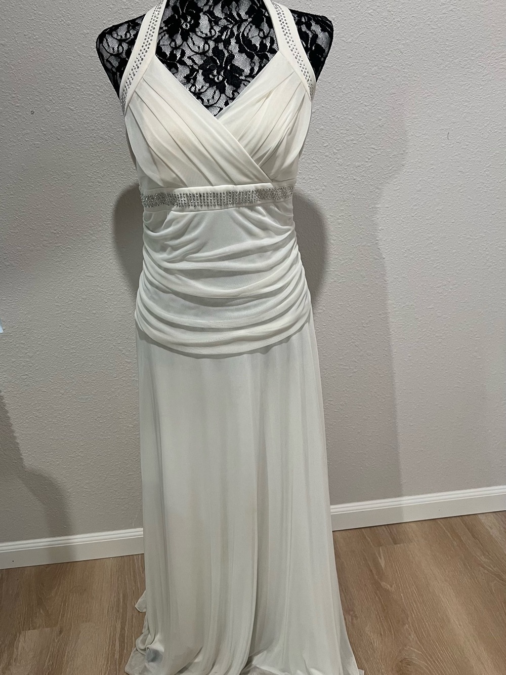 Trixxi White Rhinestone Halter Maxi Dress – Ruched Formal Prom Dress – Size L